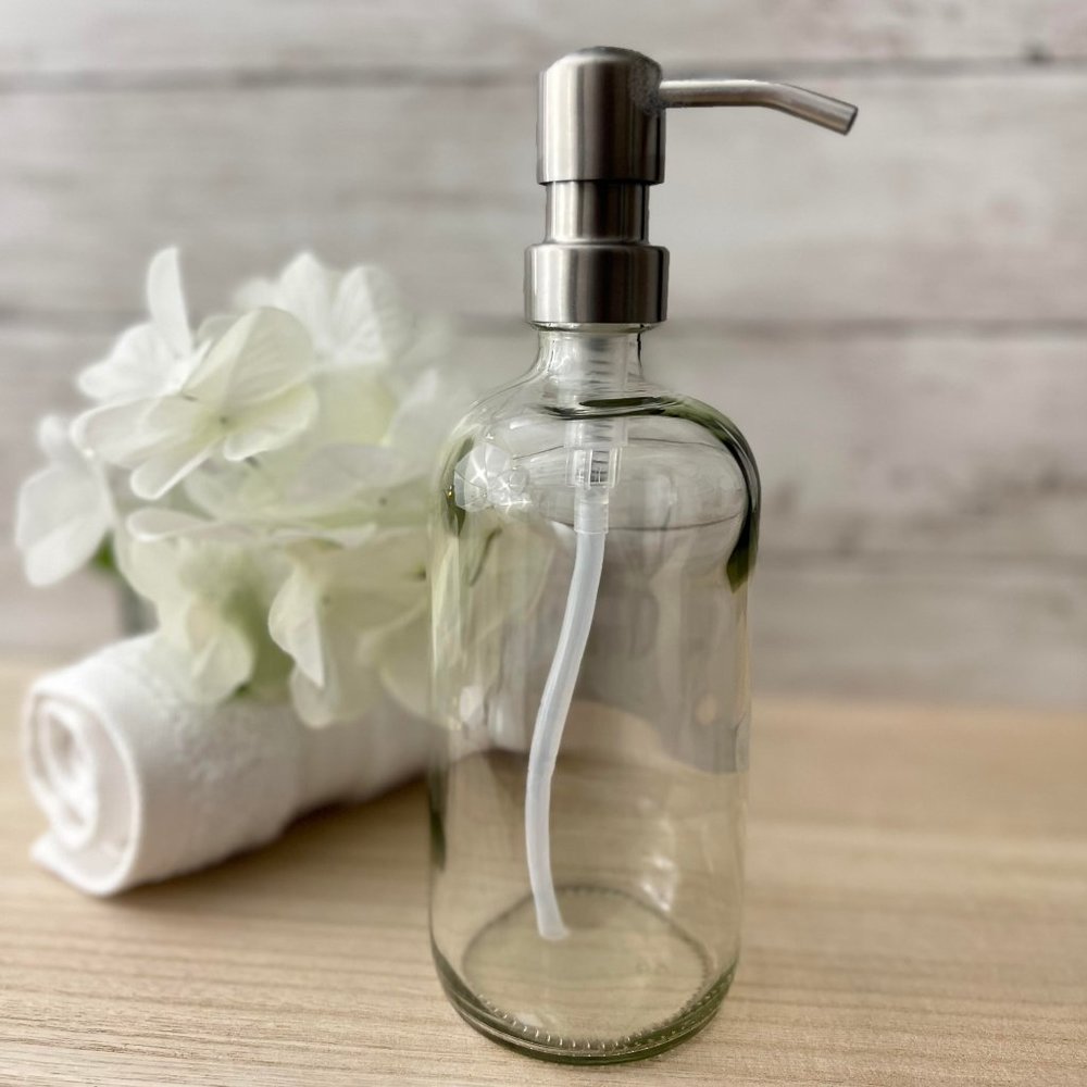 16 OZ. GLASS SOAP DISPENSER W/ METAL PUMP (CLEAR GLASS/SILVER PUMP)